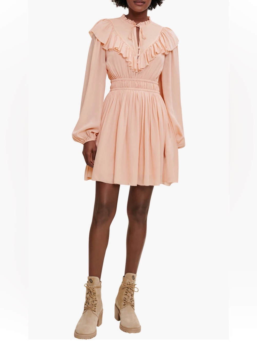 MAJE Riava Long Sleeve Ruffle Bib Dress Size 40 (8) NWT